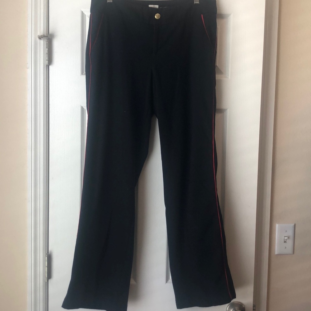 Navy blue trousers with red accent stripe